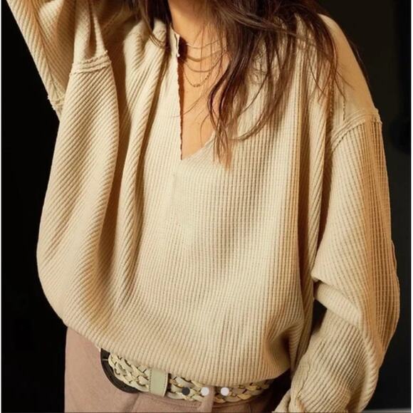 FREE PEOPLE | We The Free Cream Owen Oversized Thermal Top | Large - Picture 1 of 8